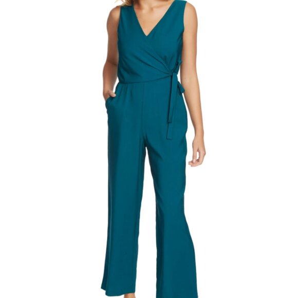 1. State Pants - NWT 1.State Sleeveless Twill V Neck Wrap Jumpsuit Teal Size 2
